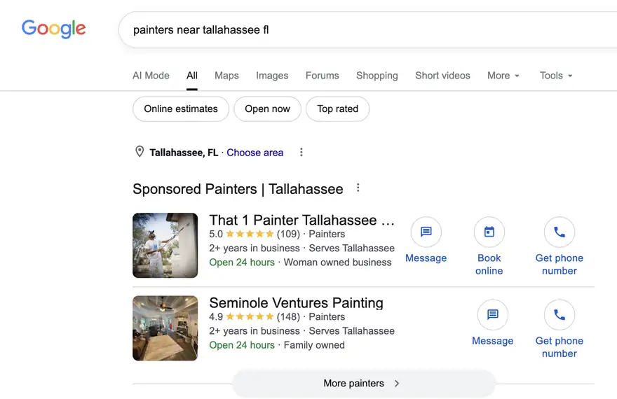 Google search for painters near Tallahassee FL showing Painter Promotions client That 1 Painter Tallahassee in the top Sponsored Painters spot